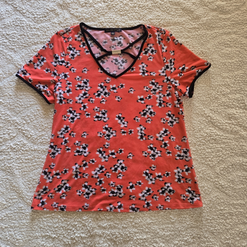 Adrienne Vittadini Coral Floral Cross Strap Neckline Top | Quiet Luxury | Size L